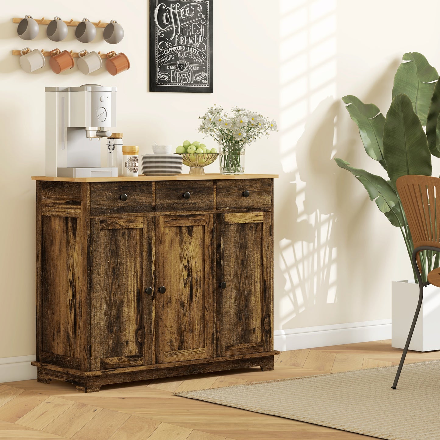HOMCOM Sideboard Storage Cabinet With Rubberwood Top And Adjustable Shelves For Dining Room Kitchen Rustic Brown
