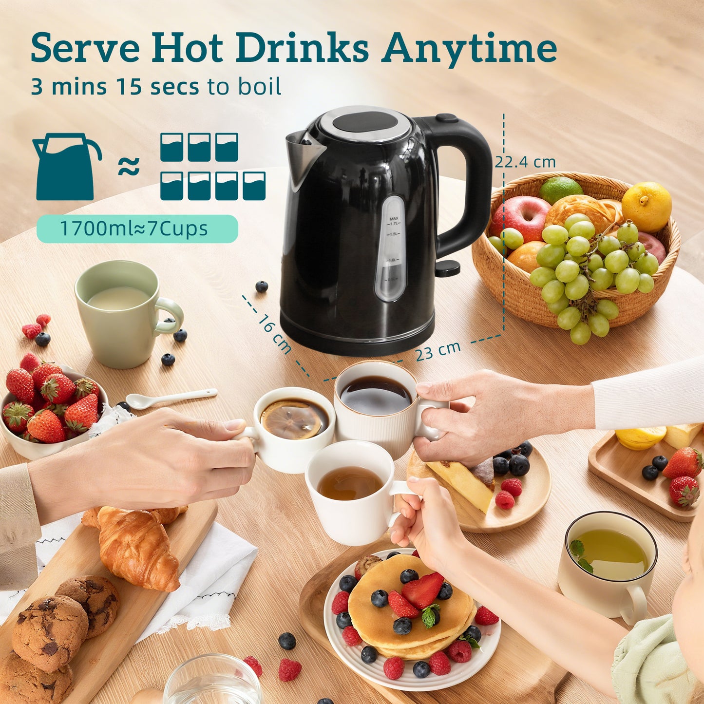 HOMCOM Polished Toaster And Kettle Set Black With Sleek Countertop Design And LED Ambience