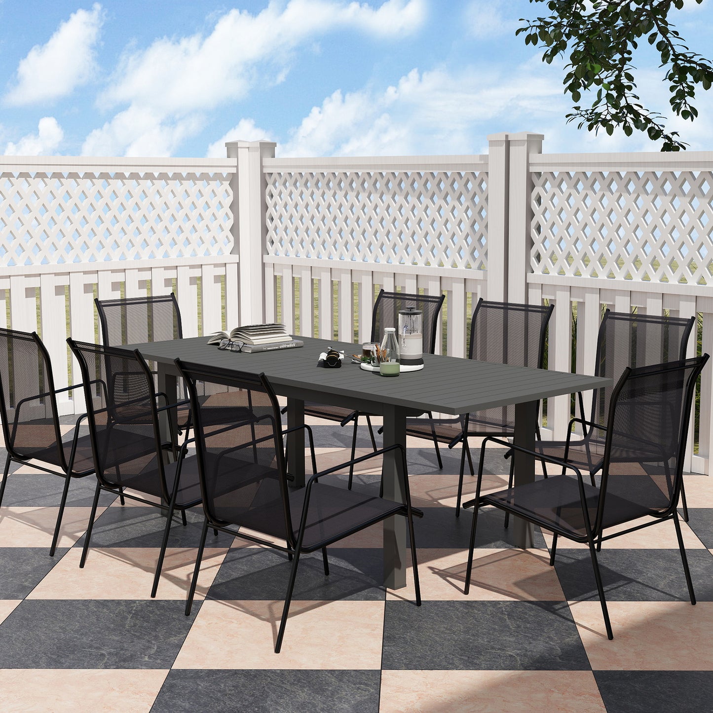 Outsunny Aluminium Extending Garden Table With Slatted Top And Butterfly Leaf For Six To Eight People Grey