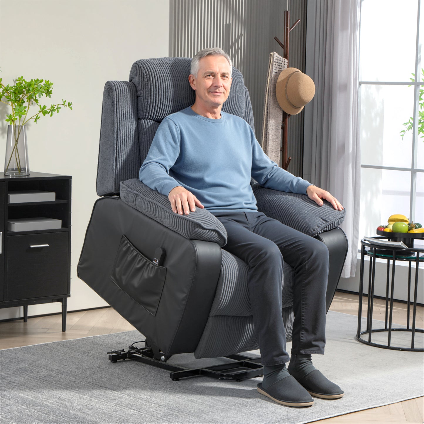 HOMCOM Overstuffed Corduroy Electric Lift Chair Dark Grey with USB Port and Recline to 150 Degrees