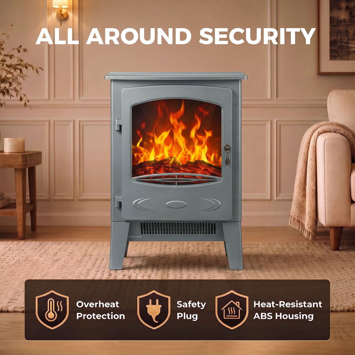 HOMCOM Freestanding Electric Fireplace Realistic Flame Dual Heat Settings Grey
