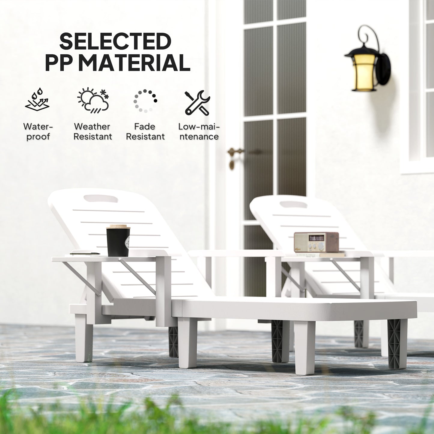 Outsunny Set Of 2 Resin Sun Loungers For Garden With Wood Grain Surface Armrests And Foldable Side Table White