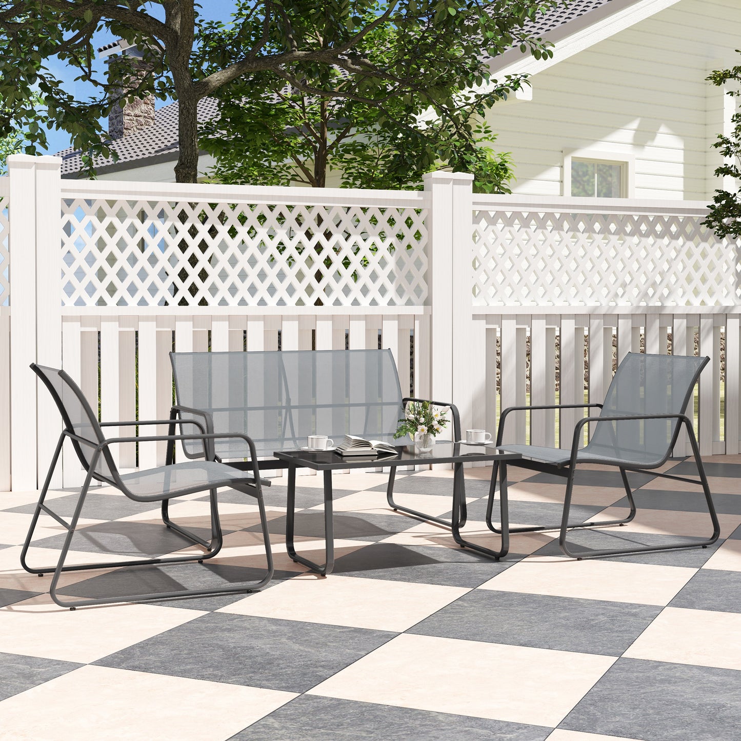 Outsunny Four Piece Minimalistic Garden Sofa Set With Two Chairs And Coffee Table In Light Grey