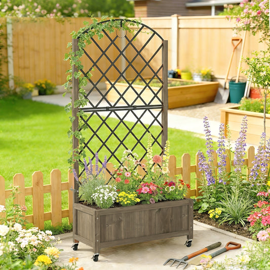 Outsunny Raised Garden Bed With Metal Trellis And Lockable Wheels Wooden Elevated Planter Box Outdoor Carbonised