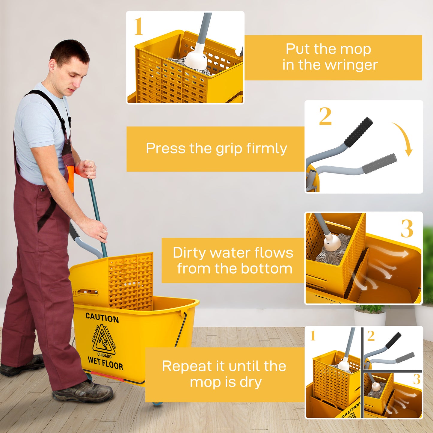 HOMCOM 20 Litre Mop Bucket With Wringer On Wheels Yellow For Floor Cleaning With Side Press And Included Mop
