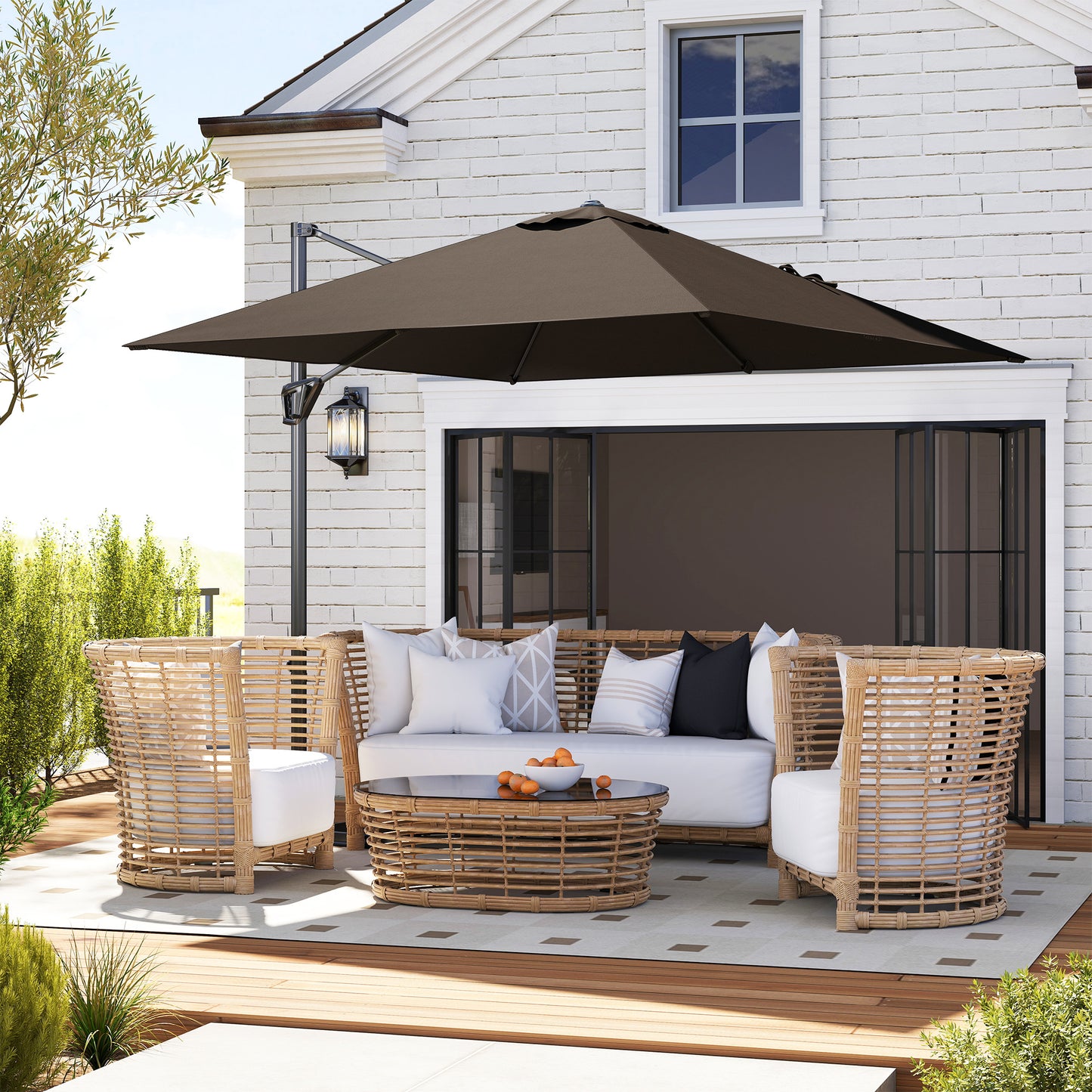 Outsunny Patio Offset Parasol Umbrella With Base Included Tan Aluminium Pole Five Position Adjustable 360 Movement