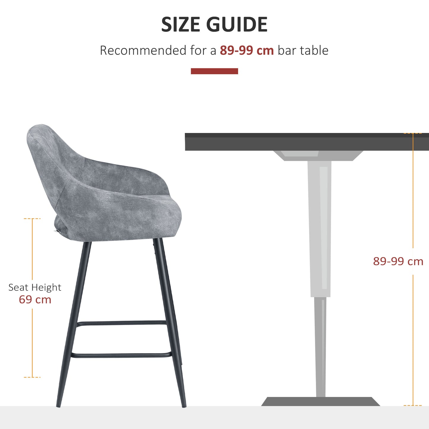 HOMCOM Bar Stools Set Of 2 Velvet Touch Fabric Counter Height Chairs With Steel Legs For Dining Area Kitchen Island Grey