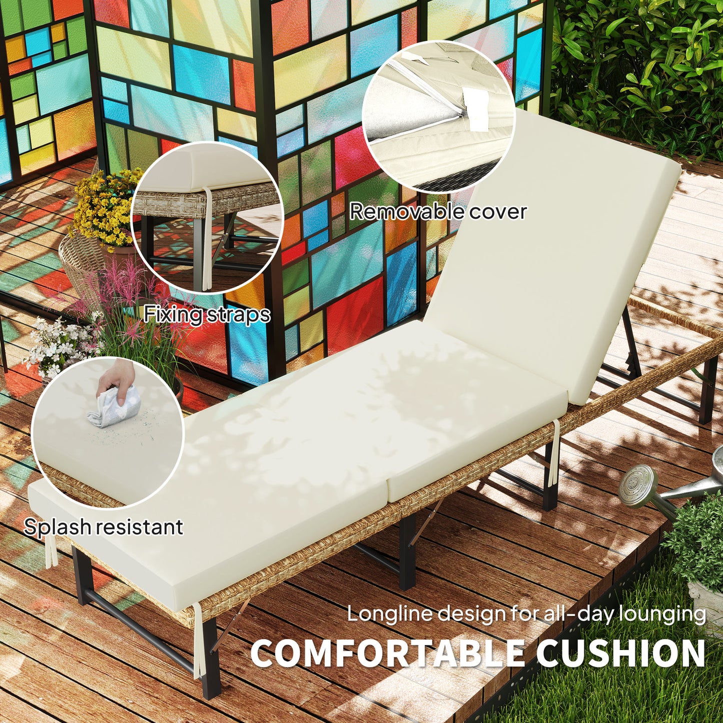 Outsunny Single Folding Rattan Sun Lounger With Cushion Grey Adjustable Back Powder Coated Steel Frame