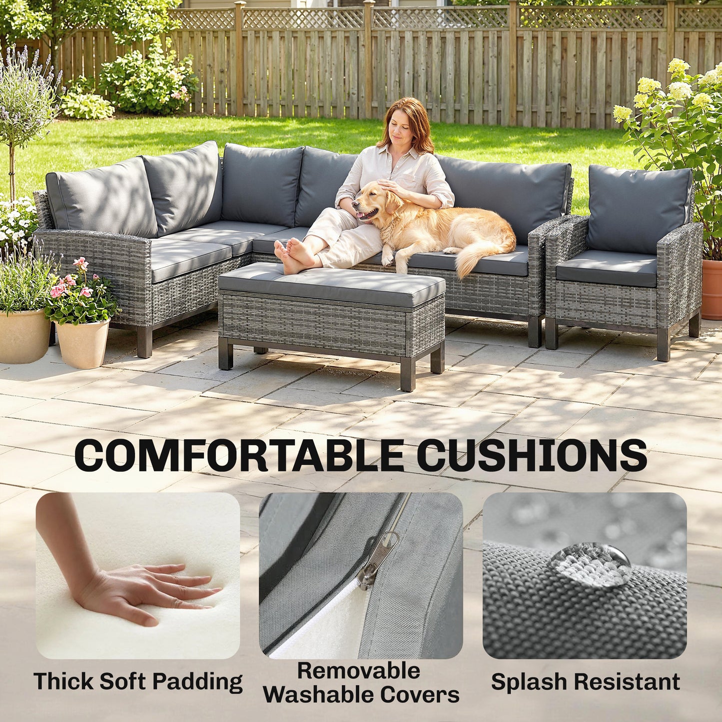 Outsunny 9 Seater Rattan Garden Corner Sofa Set Outdoor Dining Set With Faux Wood Table Ottoman And Cushions Dark Grey