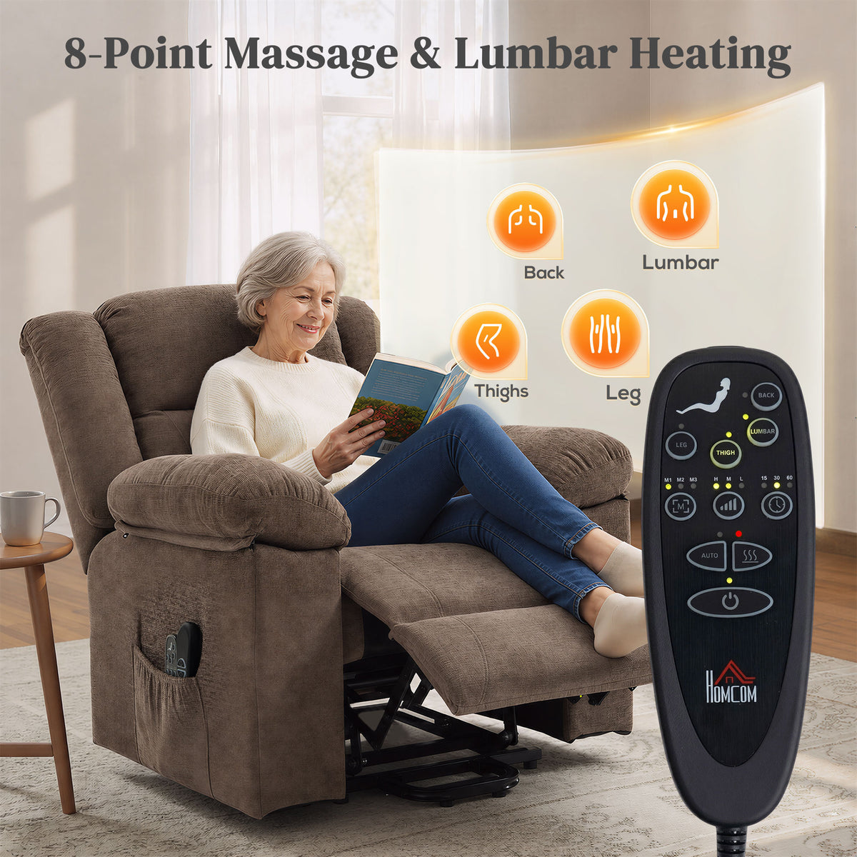 Homcom Oversized Wide Power Lift Recliner Chair With Massage And Heat Brown