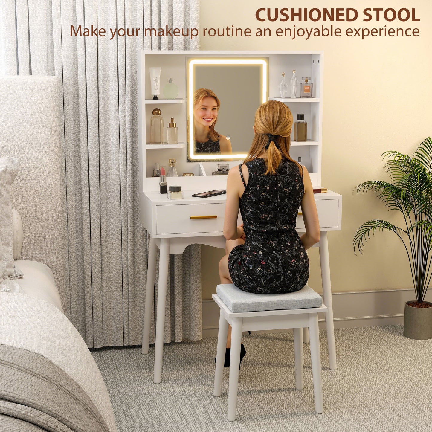 HOMCOM Elegant Dressing Table With LED Mirror And Adjustable Color Temperature White Finish