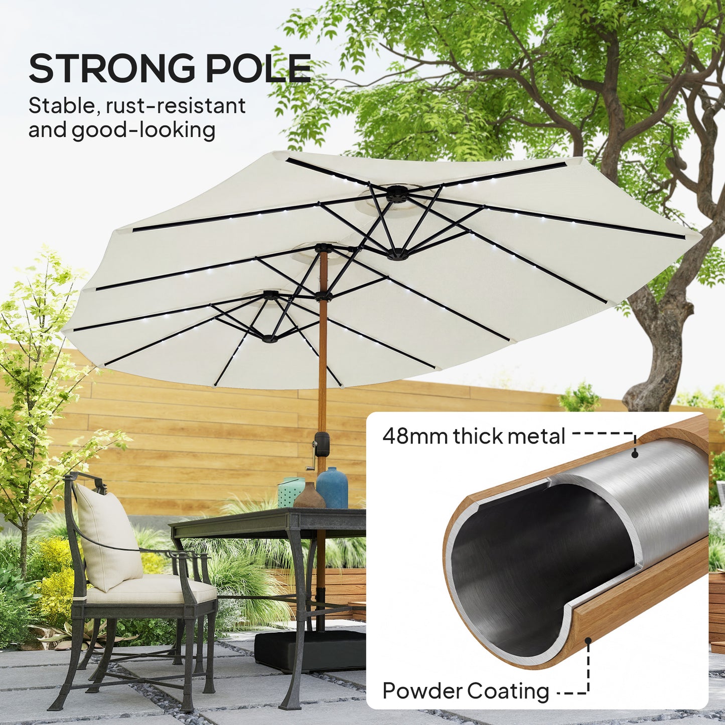 Outsunny Double Sided Garden Parasol With Crank Handle Base Included And 48 Solar LED Lights 4.6m Cream Patio Umbrella