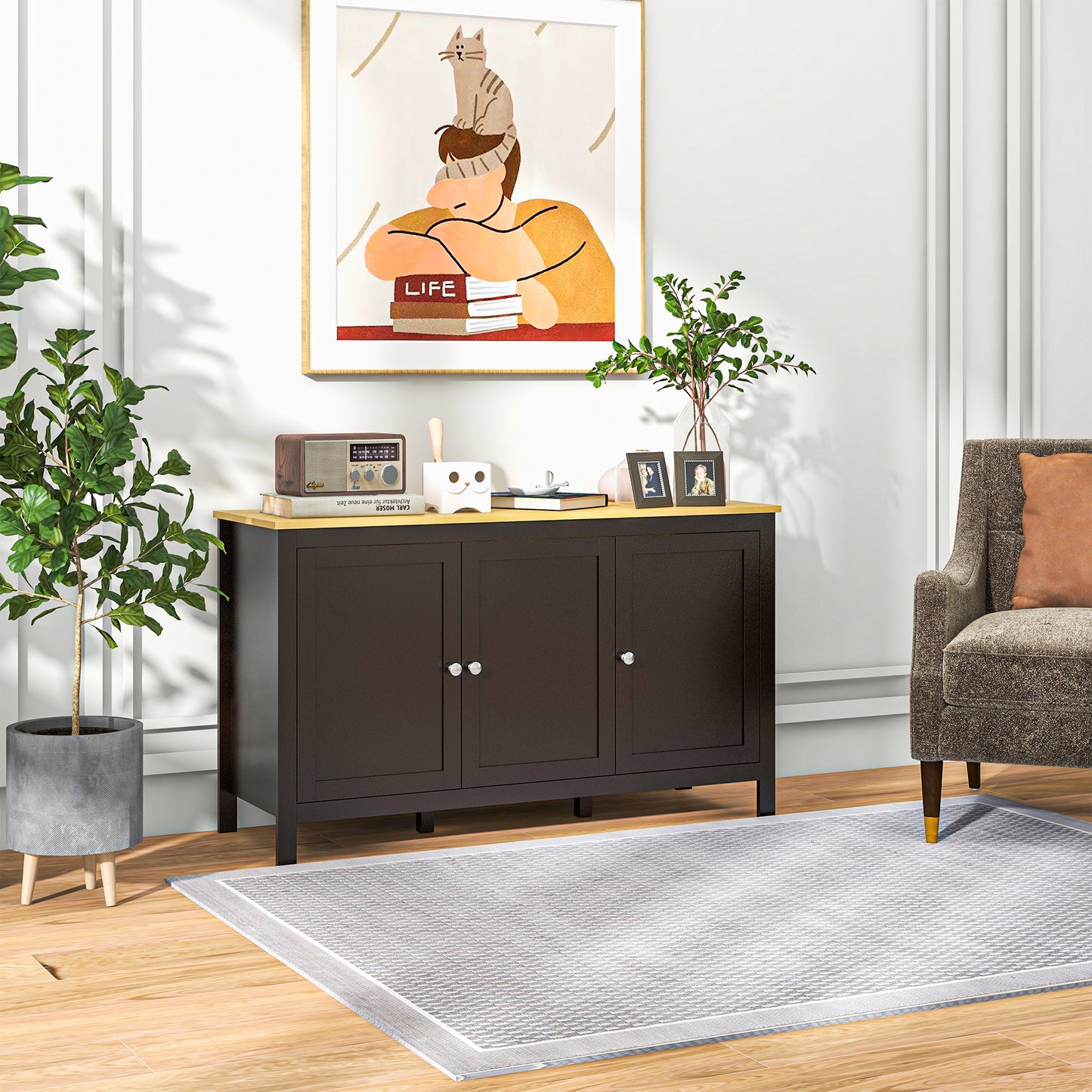 HOMCOM Sideboard Buffet Cabinet With Doors And Adjustable Shelves Black And Natural Wood Finish