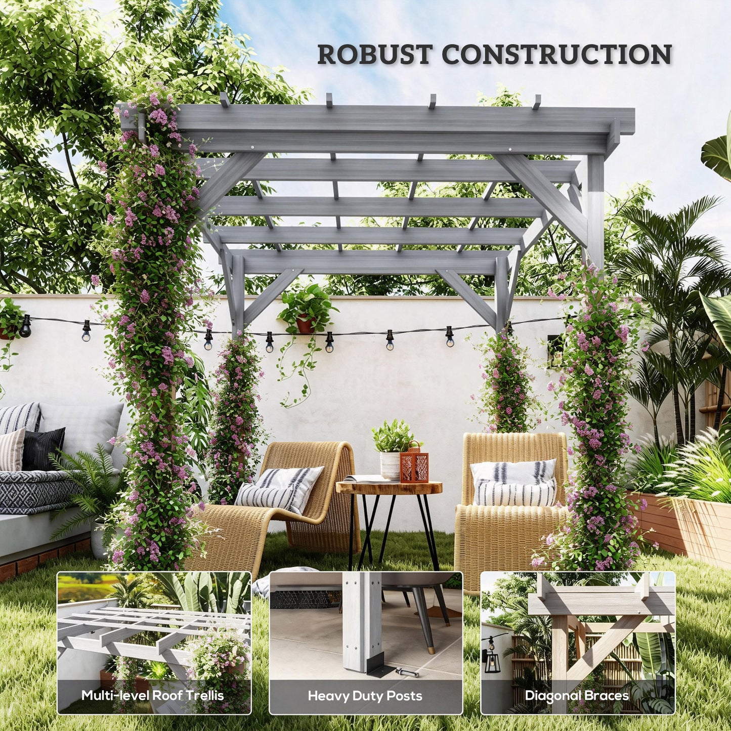 Outsunny 2x2m Wooden Pergola Kit For Garden Gazebo Shelter With Stable Frame For Climbing Vines Grey