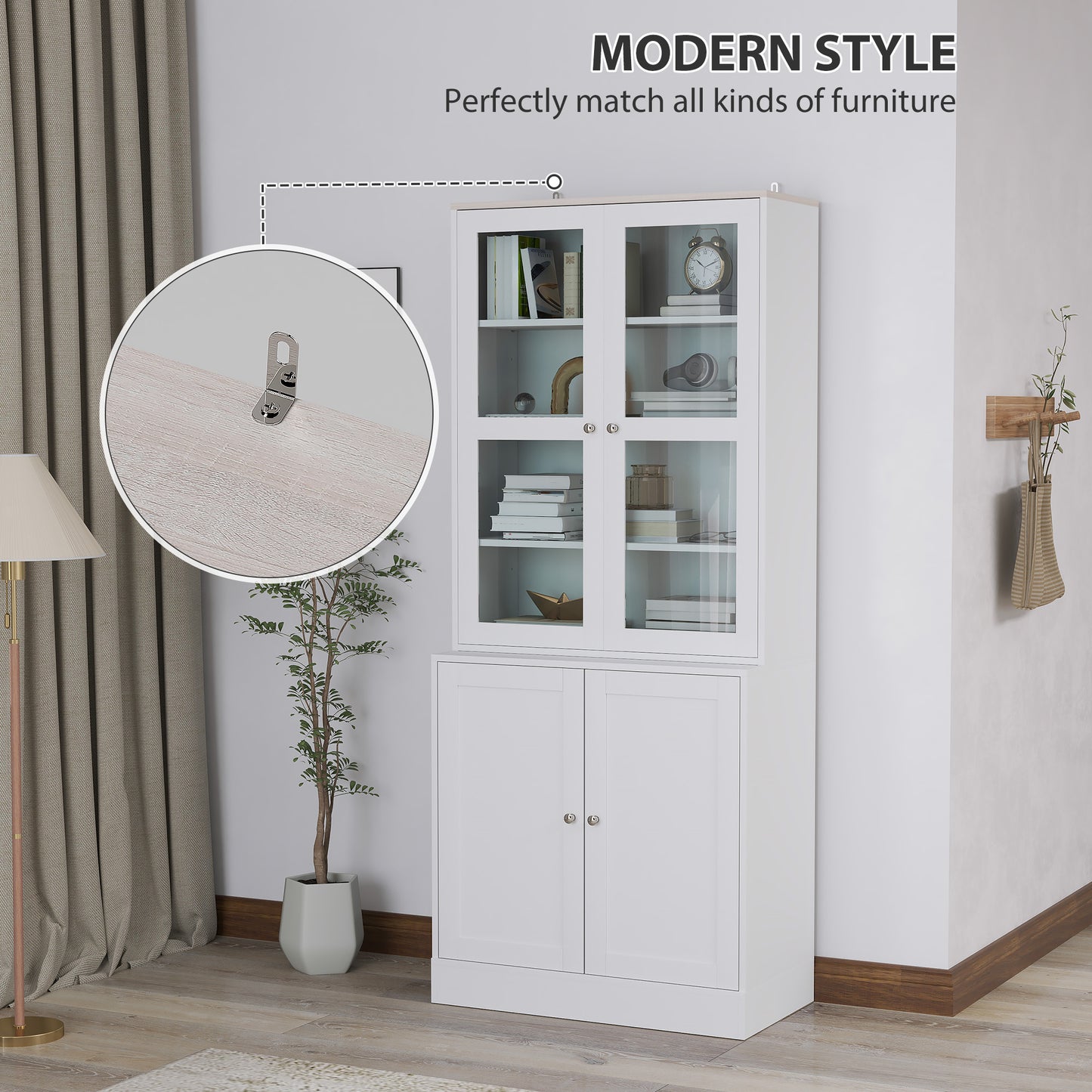 HOMCOM Double Storage Display Cabinet With Adjustable Shelves White MDF Glass Doors
