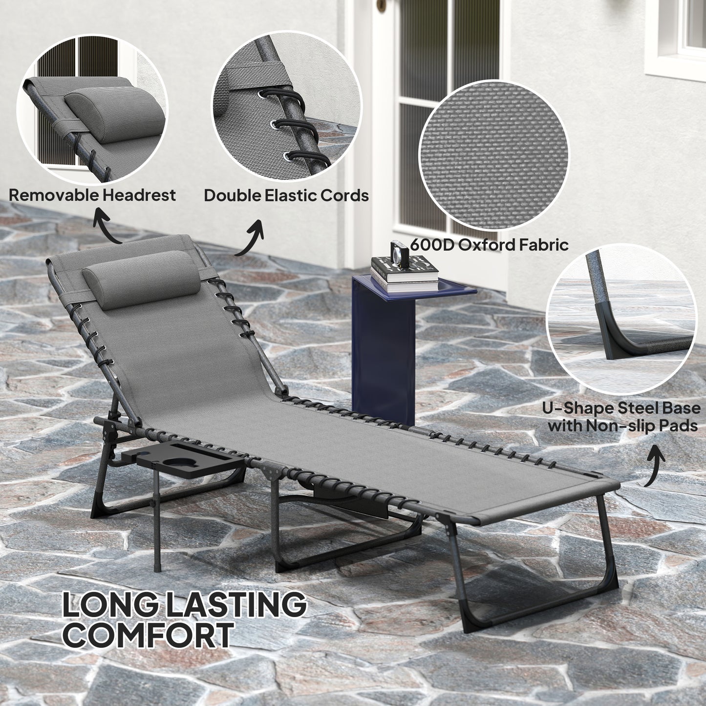 Outsunny Five Position Reclining Sun Lounger Grey With Removable Pillow Durable Steel Frame Outdoor Patio