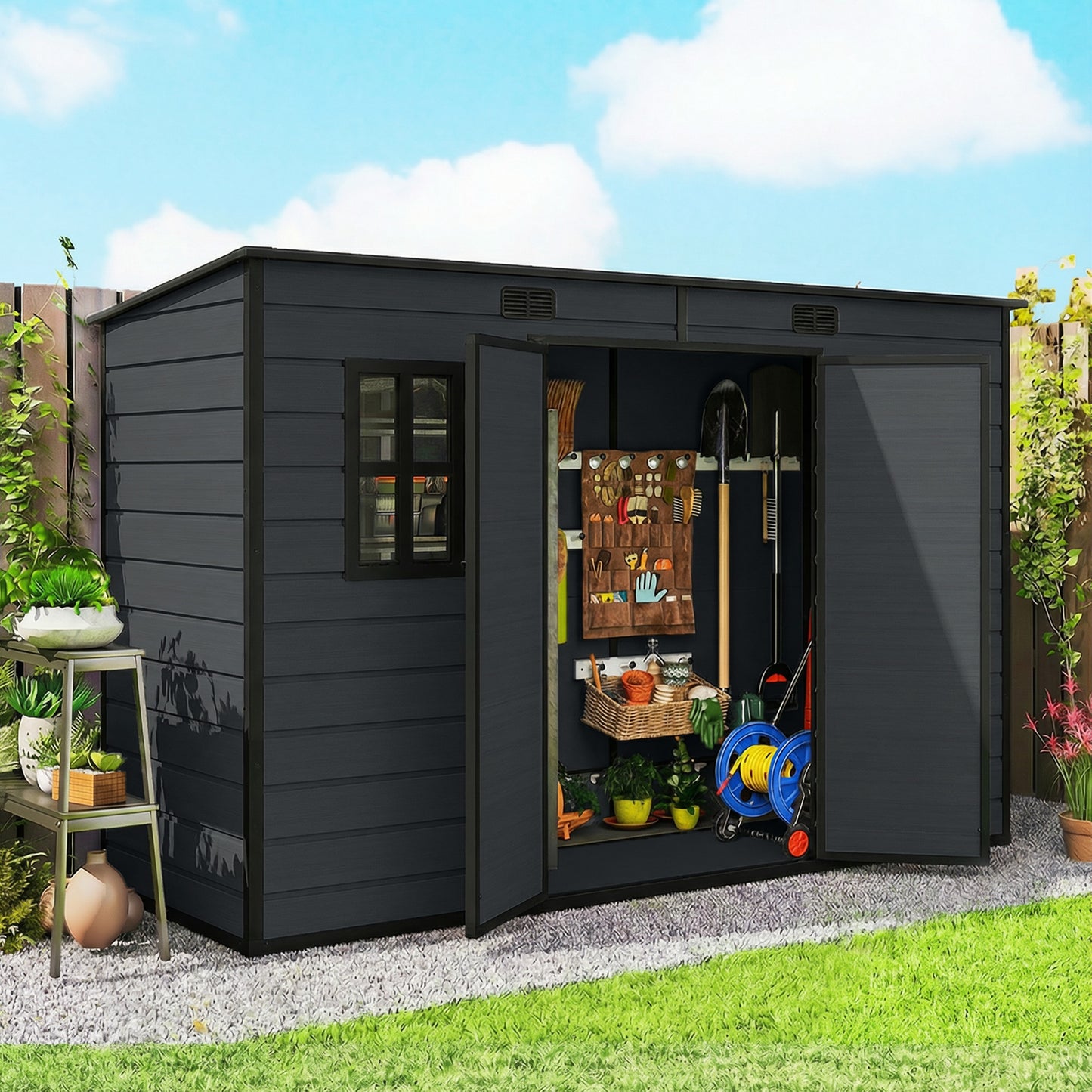 Outsunny 10 By 4 Ft Resin Garden Shed Outdoor Storage Shed With Floor Windows Lockable Doors And Vents Dark Grey