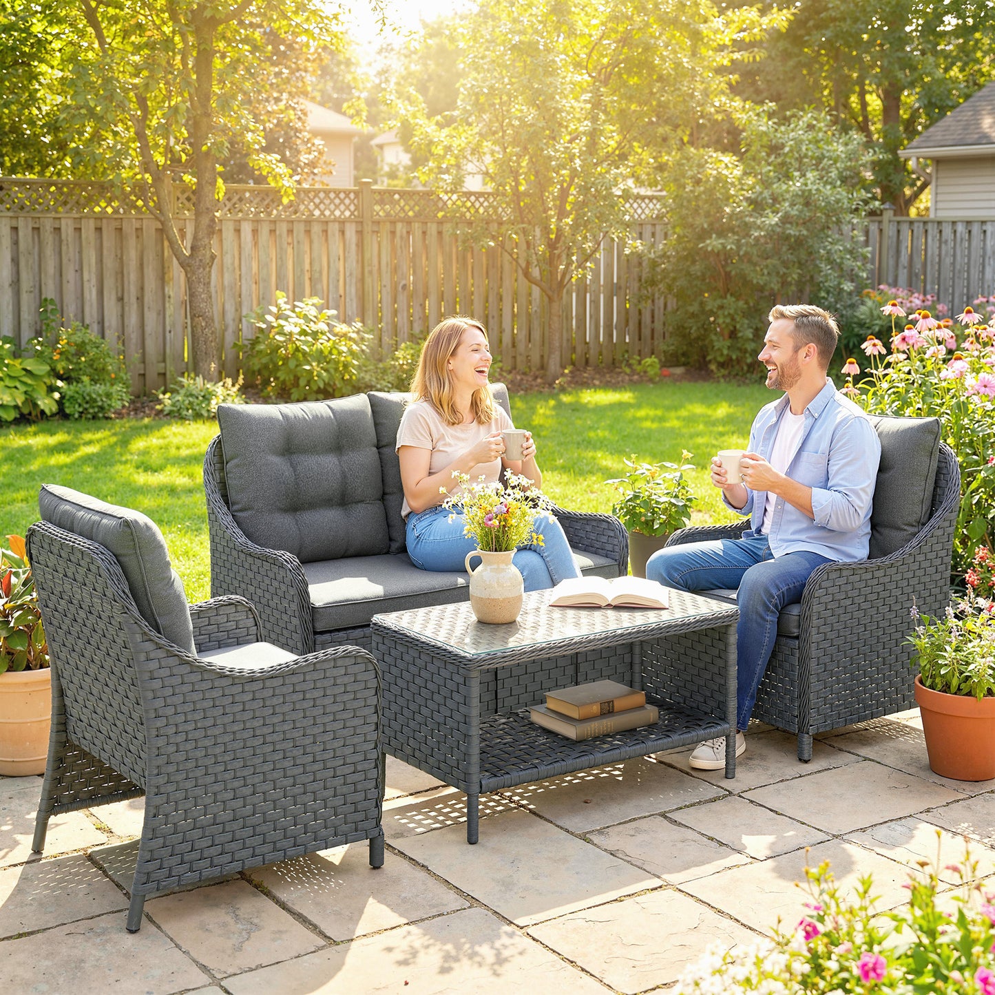 Outsunny Four Piece Wicker Patio Furniture Set With Two Armchairs Loveseat And Glass Coffee Table In Dark Grey