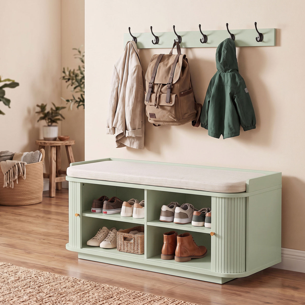 HOMCOM Hallway Storage Unit with Shoe Cabinet, Bench and 5 Coat Hooks