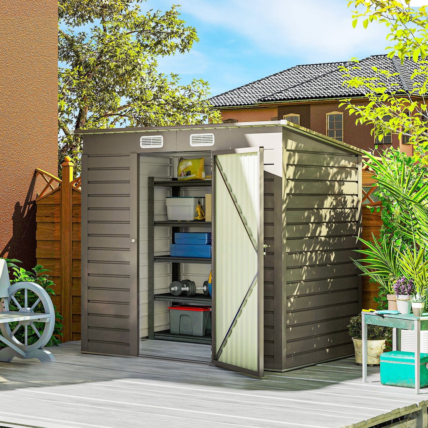 Outsunny 4x6ft Galvanised Metal Garden Shed With Locking Doors Grey For Outdoor Tool Storage