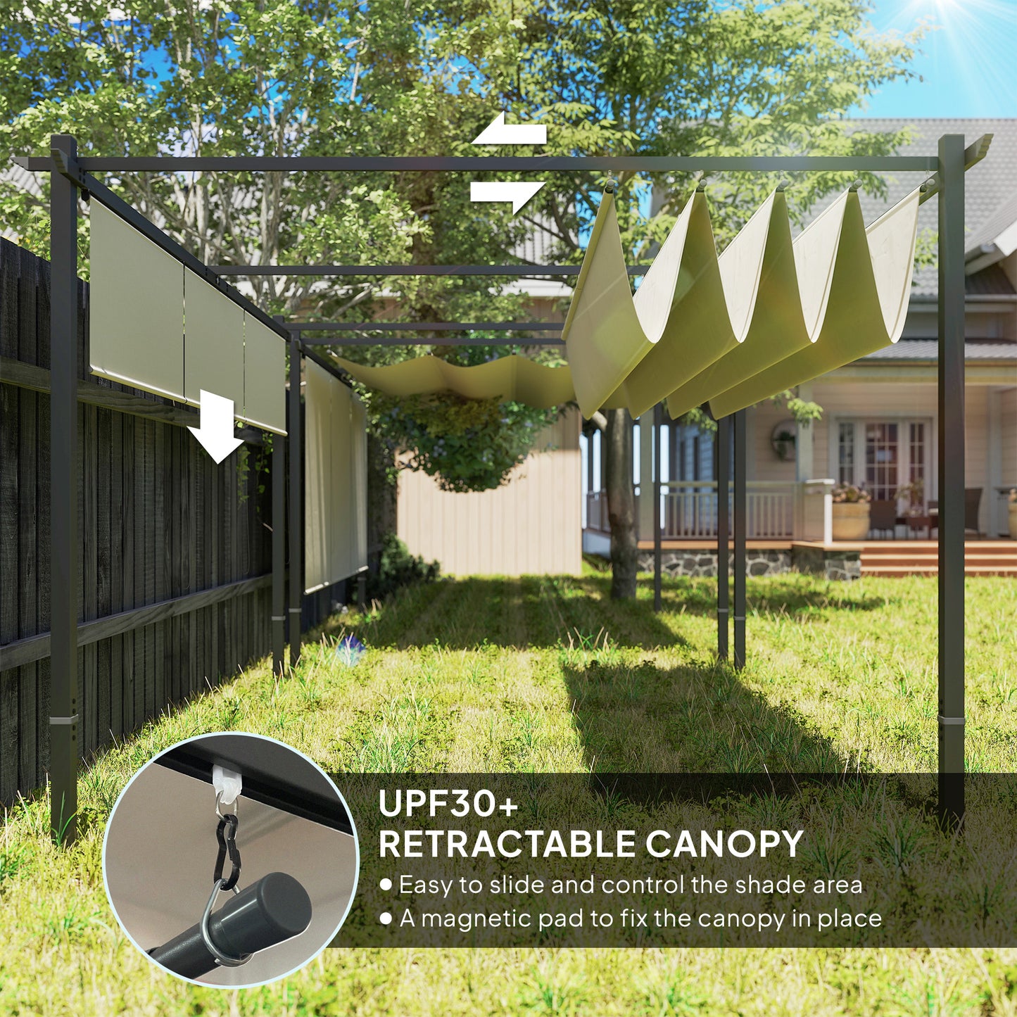 Outsunny 3x4m Metal Pergola With Retractable Roof And Roller Shade Free Standing Outdoor Gazebo Kit UPF30 Plus Beige