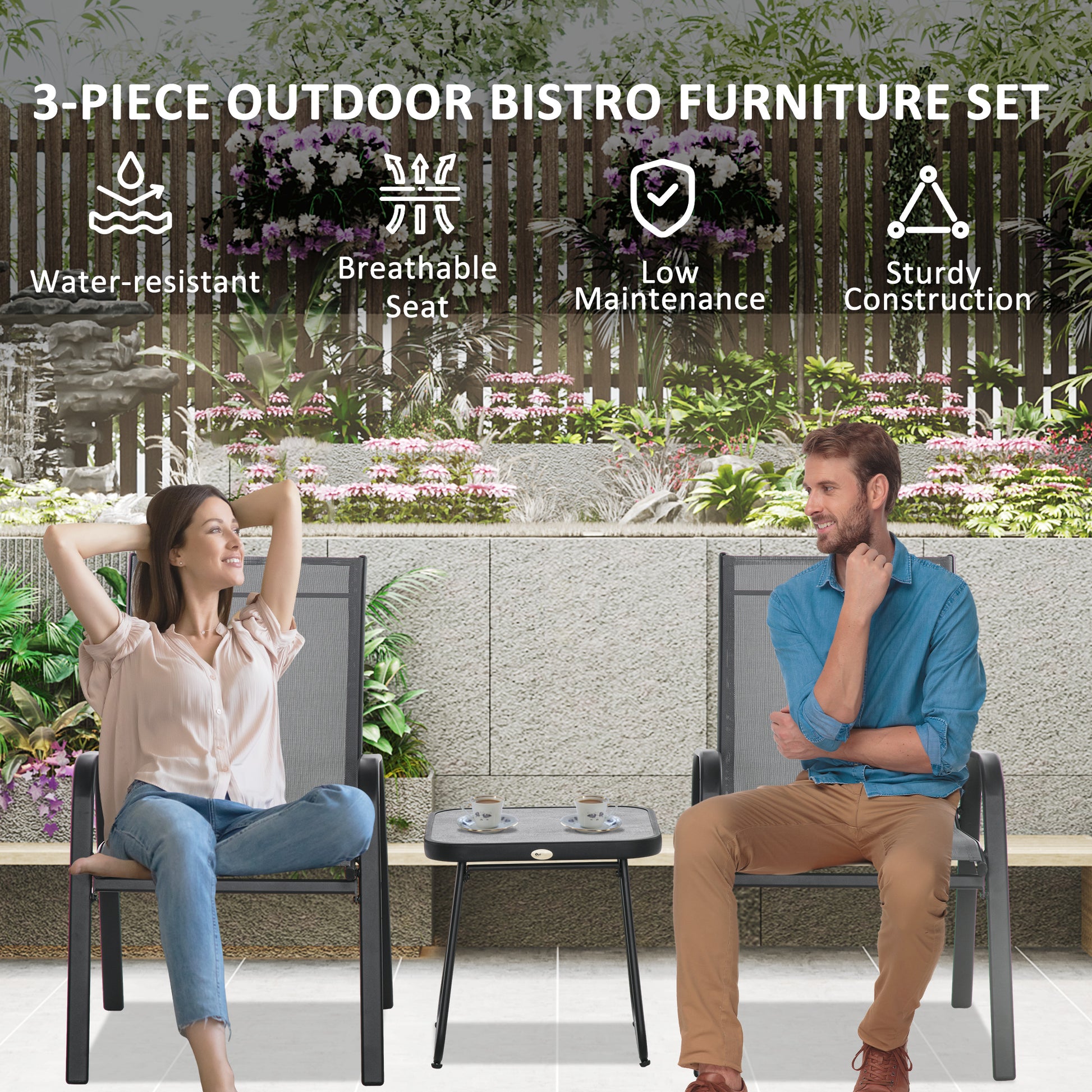 Outsunny Light Grey 3-Piece Outdoor Bistro Set with Stackable Armchairs and SPC Board Table - ALL4U RETAILER LTD