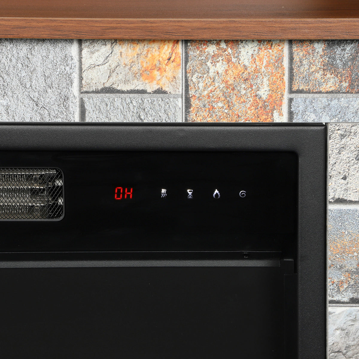 Electric fireplace control panel with indicator lights and flame window