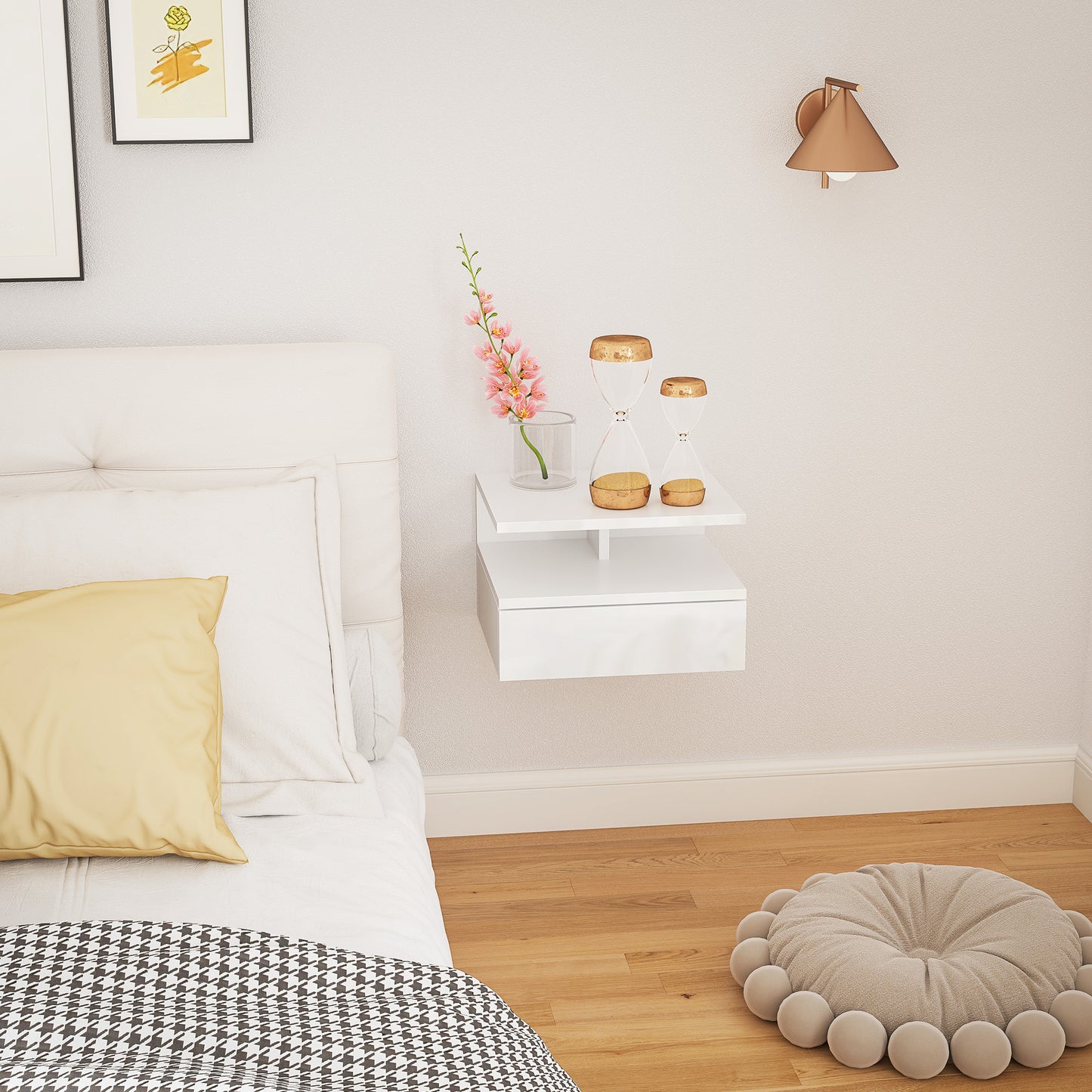 HOMCOM Floating High Gloss White Bedside Table With Pull Out Drawer And Open Shelf Wall Mounted Nightstand