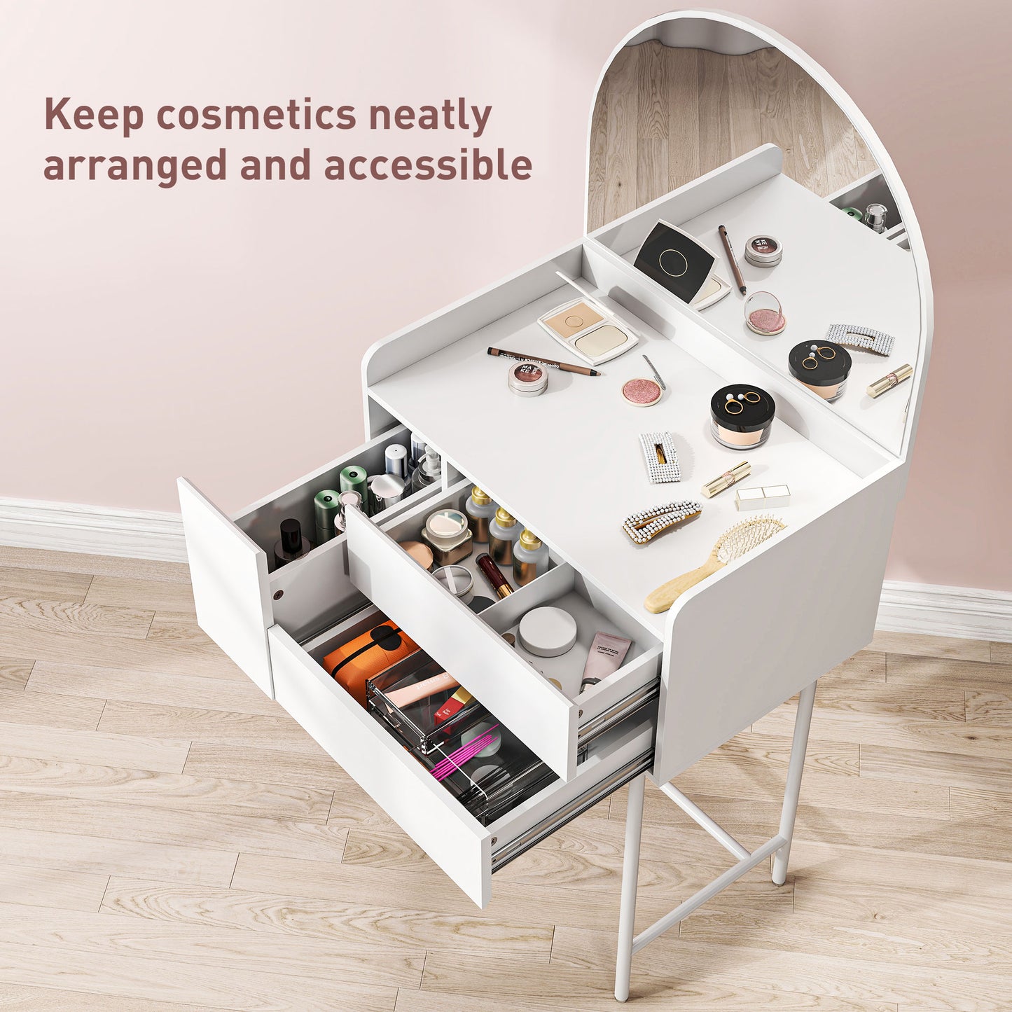 HOMCOM Three Drawer Compact Dressing Table White Vanity Desk With Large Arch Mirror