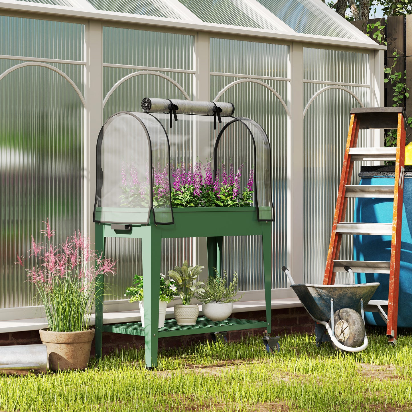Outsunny Raised Planter With Greenhouse Cover Mobile Elevated Garden Bed On Wheels Bottom Shelf For Vegetables Green
