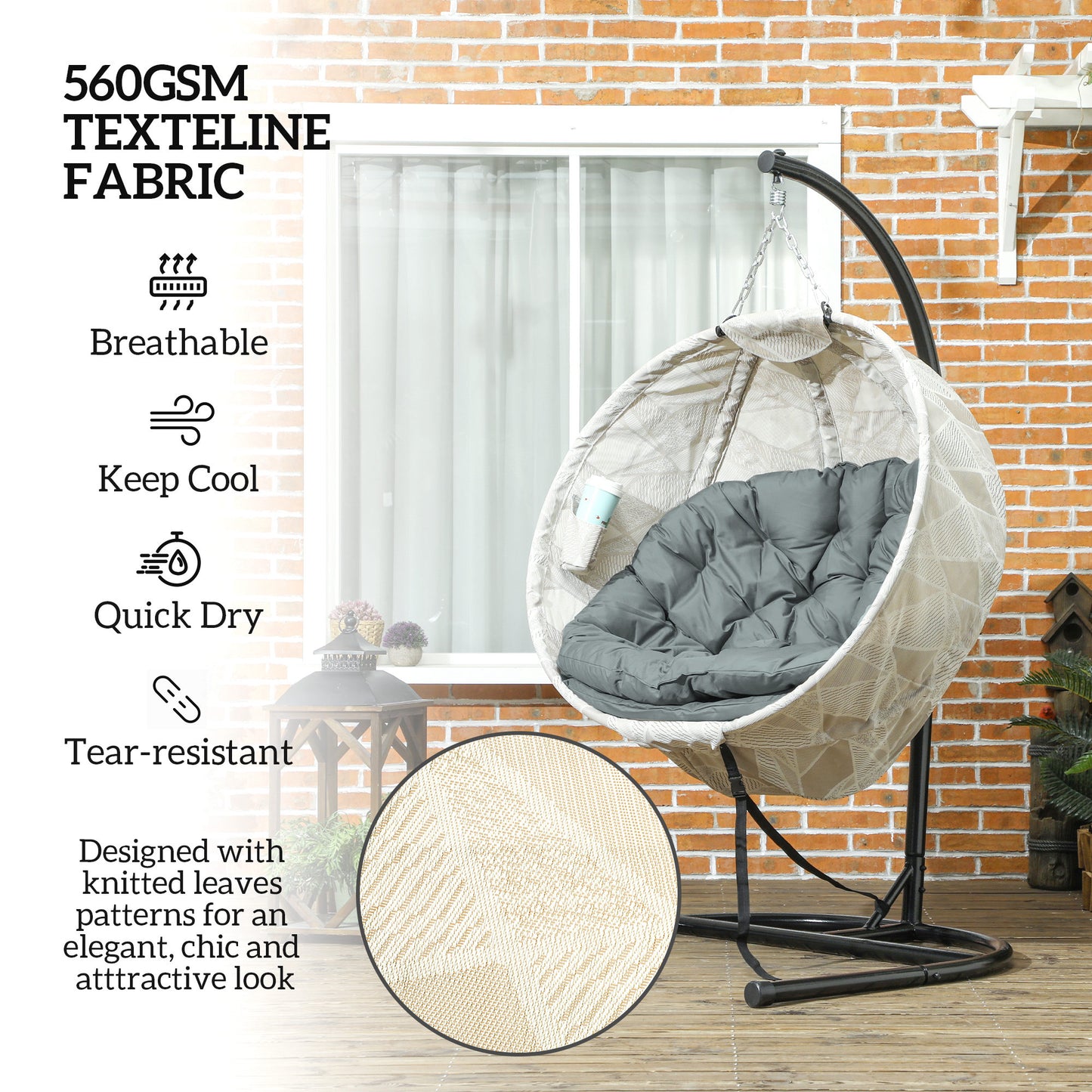 Outsunny Hanging Egg Chair With Stand Folding Basket Thickened Cushion Cup Holder For Patio Balcony Outdoor Grey