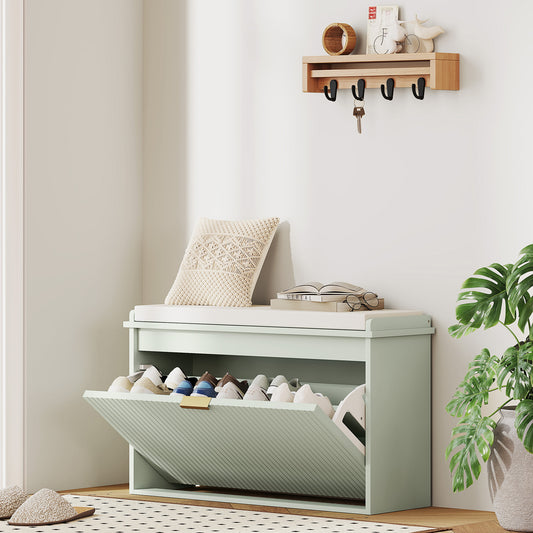 HOMCOM Elegant Eight Shoe Bench With Top Seat Green Linen Look Cushion Flip Drawer For Storage