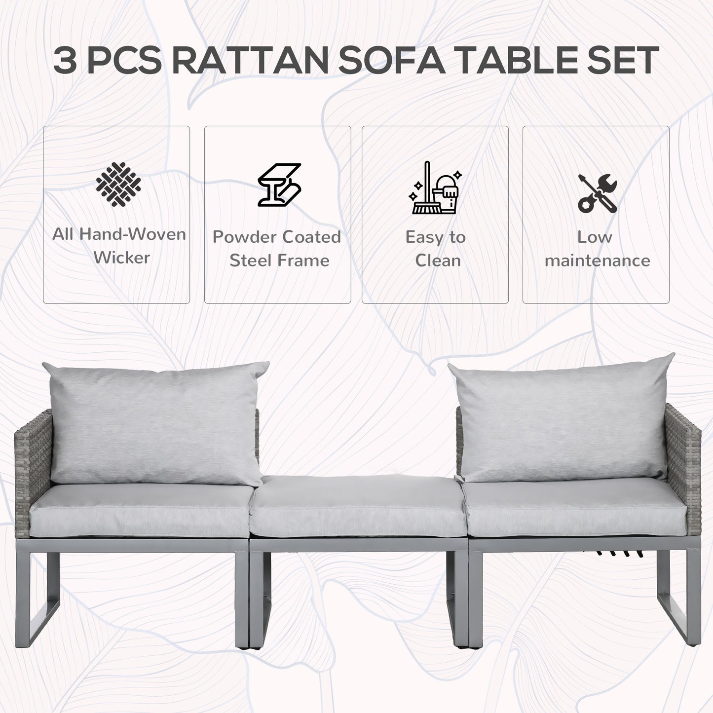 Outsunny Versatile 2-Seater Rattan Wicker Sofa and Adjustable Coffee Table Set for Outdoor Garden Patio - Grey - ALL4U RETAILER LTD