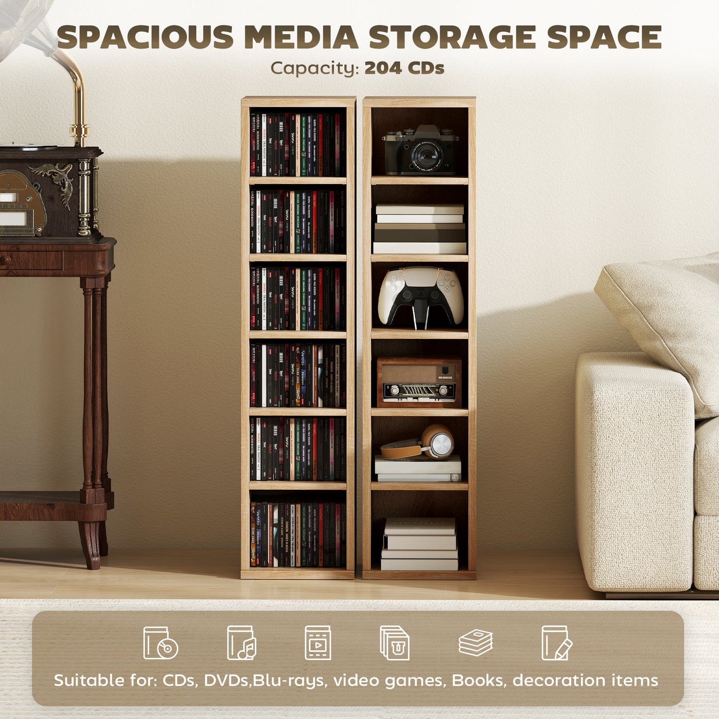 HOMCOM Set Of 2 CD Media Display Shelf Unit Tower Racks With Adjustable Shelves Oak Finish