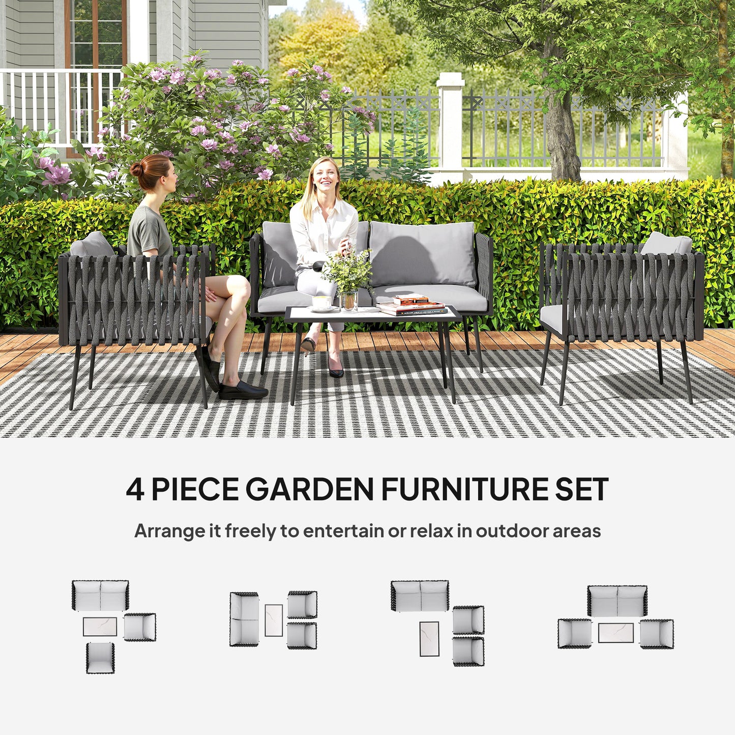 Outsunny 4 Piece Garden Furniture Set With Cushions And Faux Marble Tabletop Light Grey