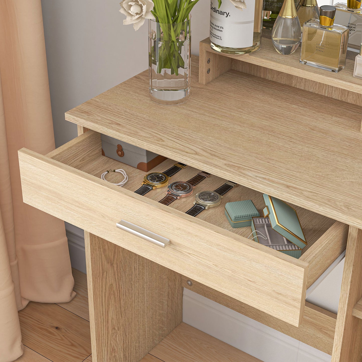 HOMCOM Contemporary Maple Wood-effect Vanity Table with Ample Storage and Mirror - ALL4U RETAILER LTD