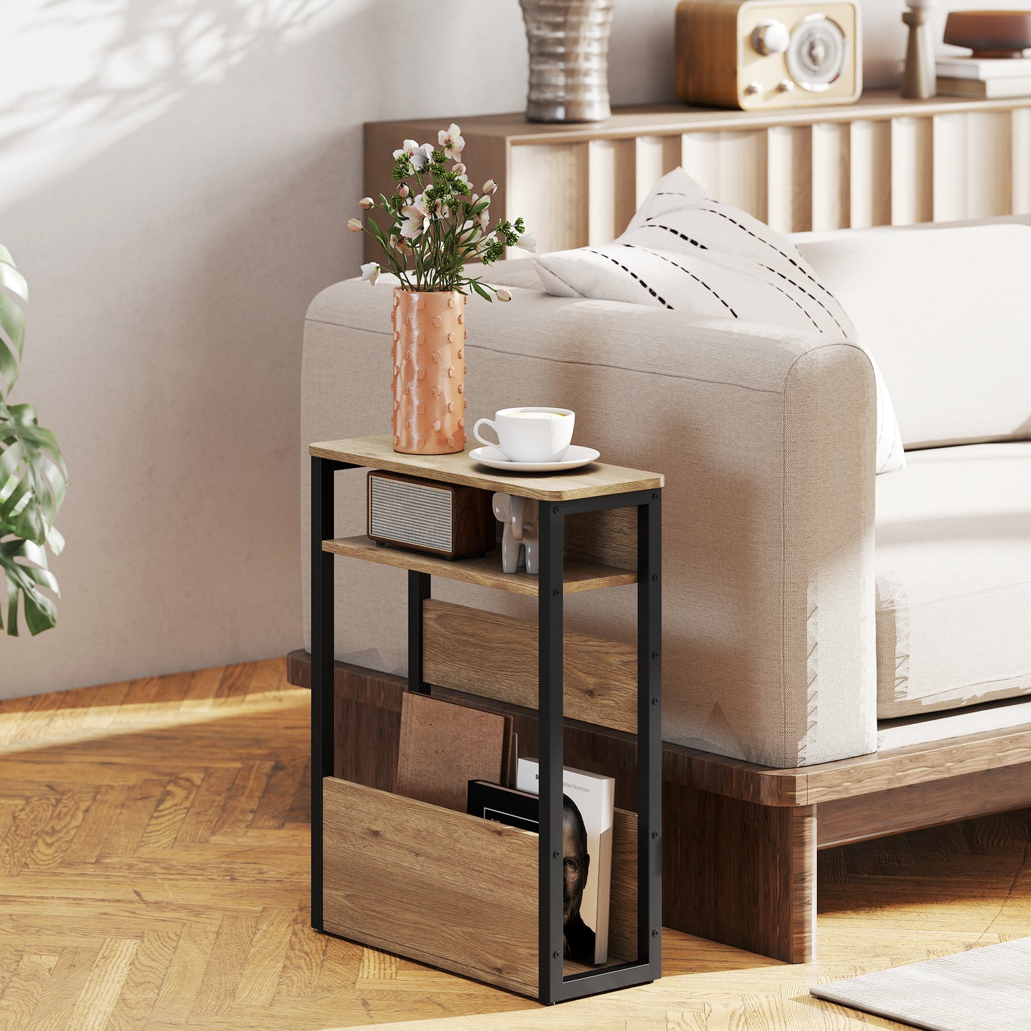 HOMCOM Industrial Style Side Table Black Walnut Brown With Two Shelves Nightstand Sofa Table