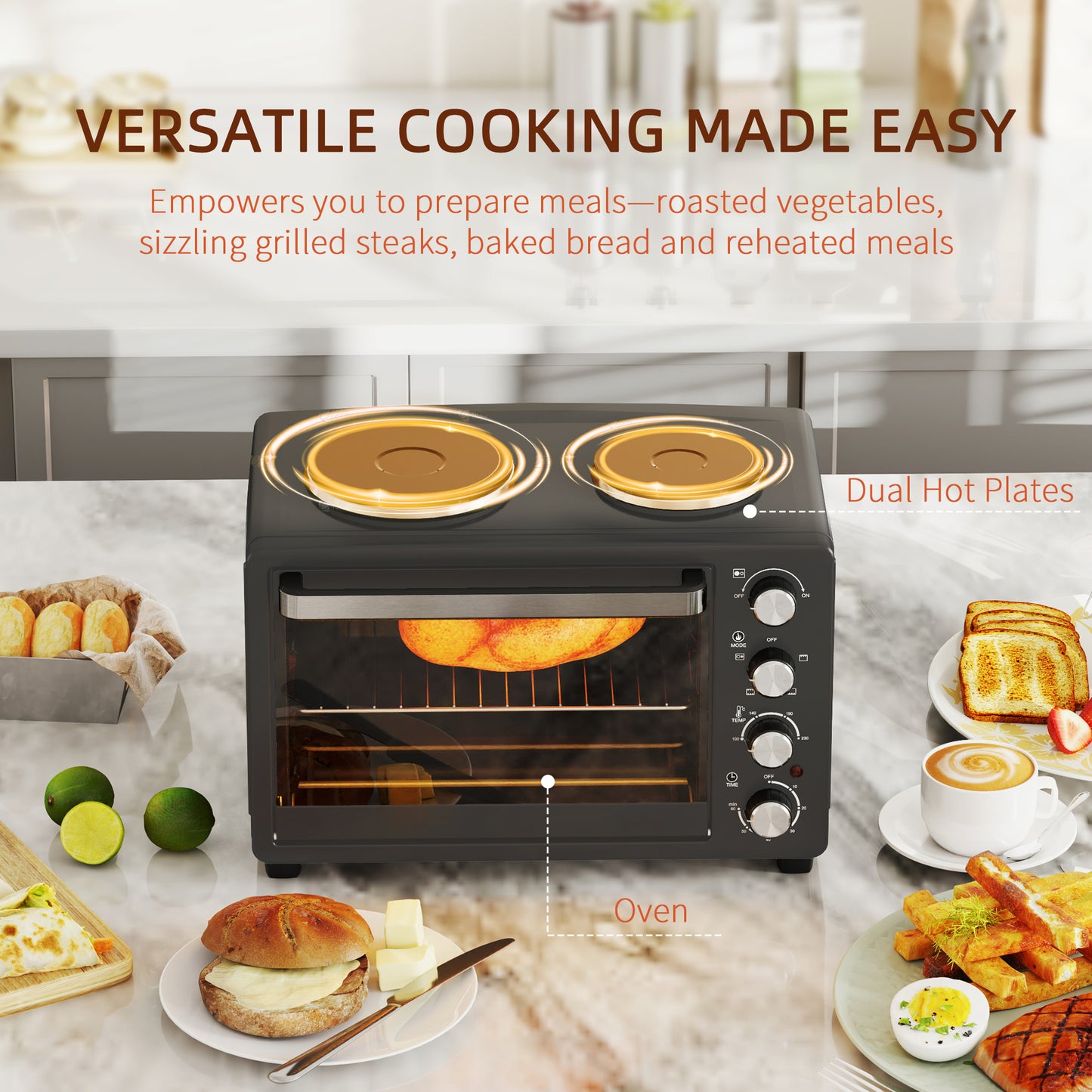 HOMCOM 28L Mini Oven With Dual Hot Plates 2600W Countertop Toaster Oven Grill Bake Roast Boil