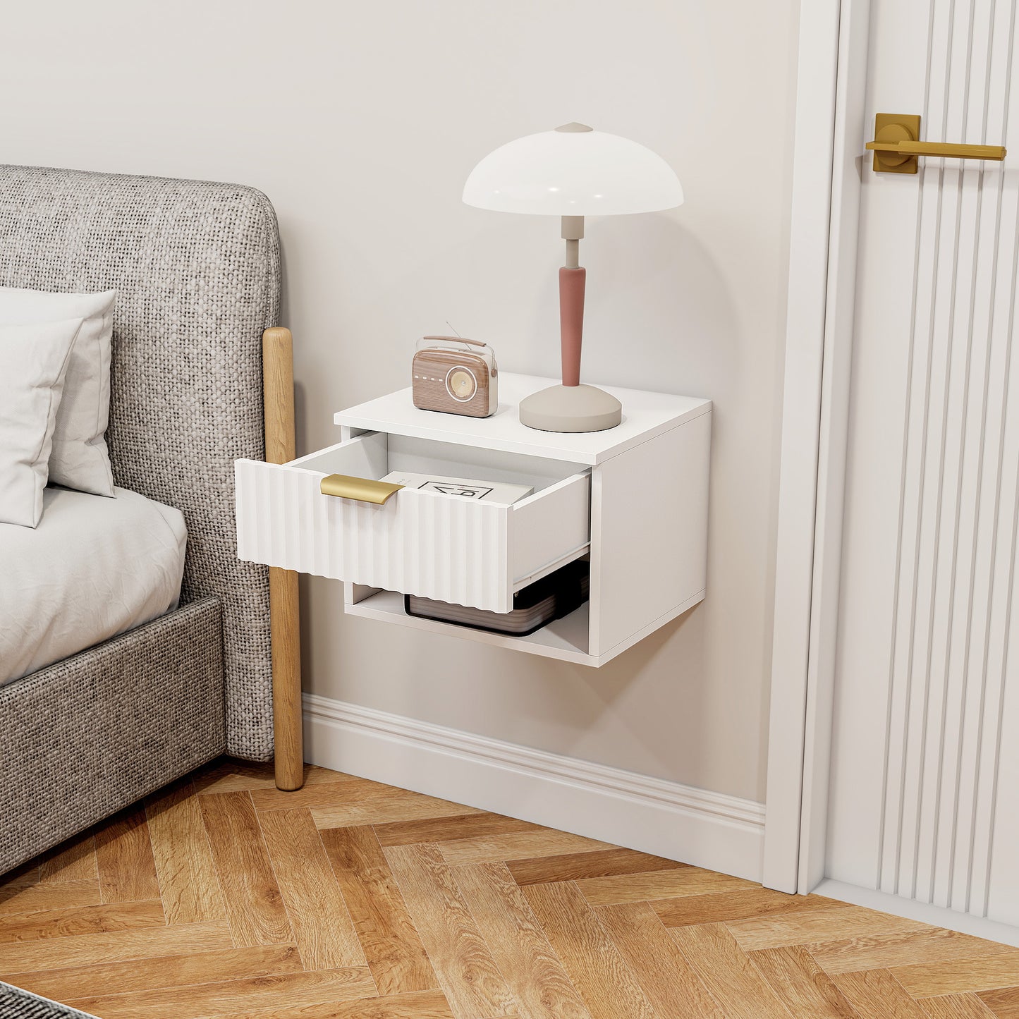 HOMCOM Floating Nightstands Set Of 2 Wall Mounted Bedside Tables With Fluted Drawer And Open Shelf White