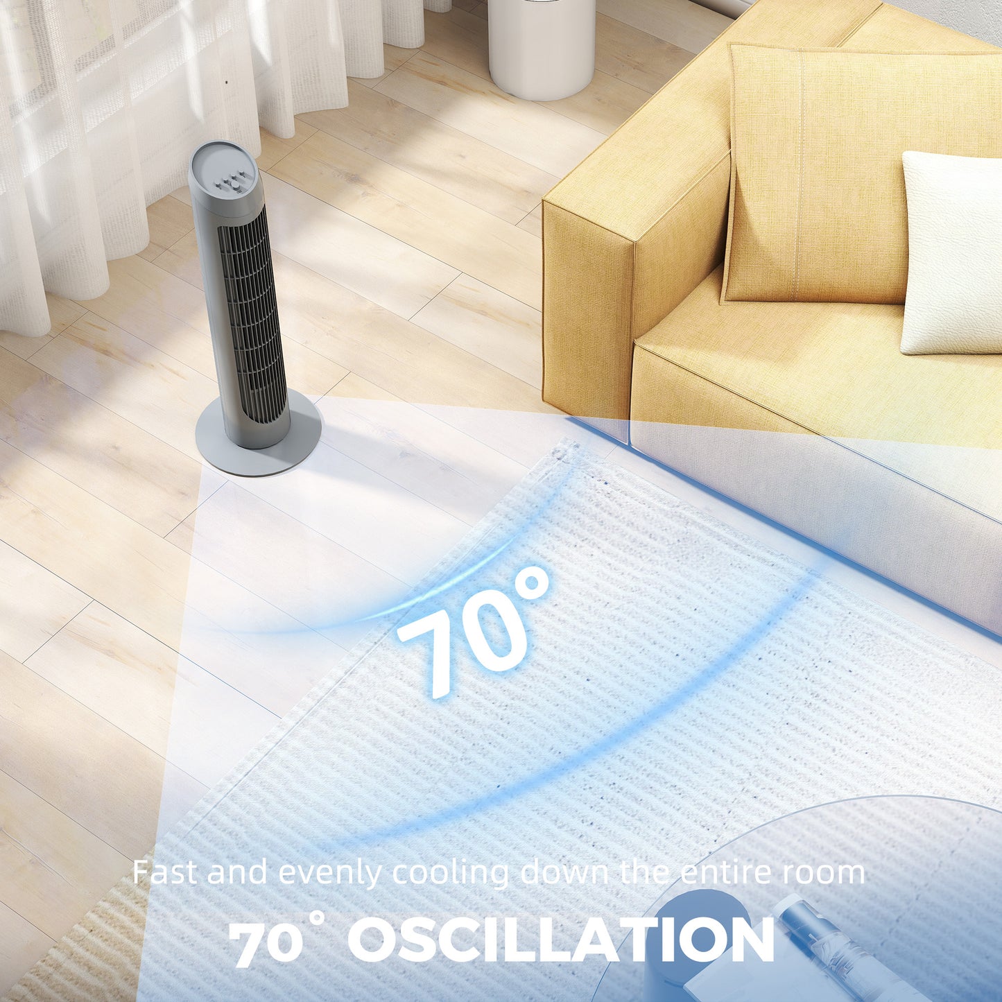 HOMCOM Tower Fan 75 cm for Bedroom Cooling, 70 Degree Oscillating, 3 Speed Settings, Standing Floor Fan Grey