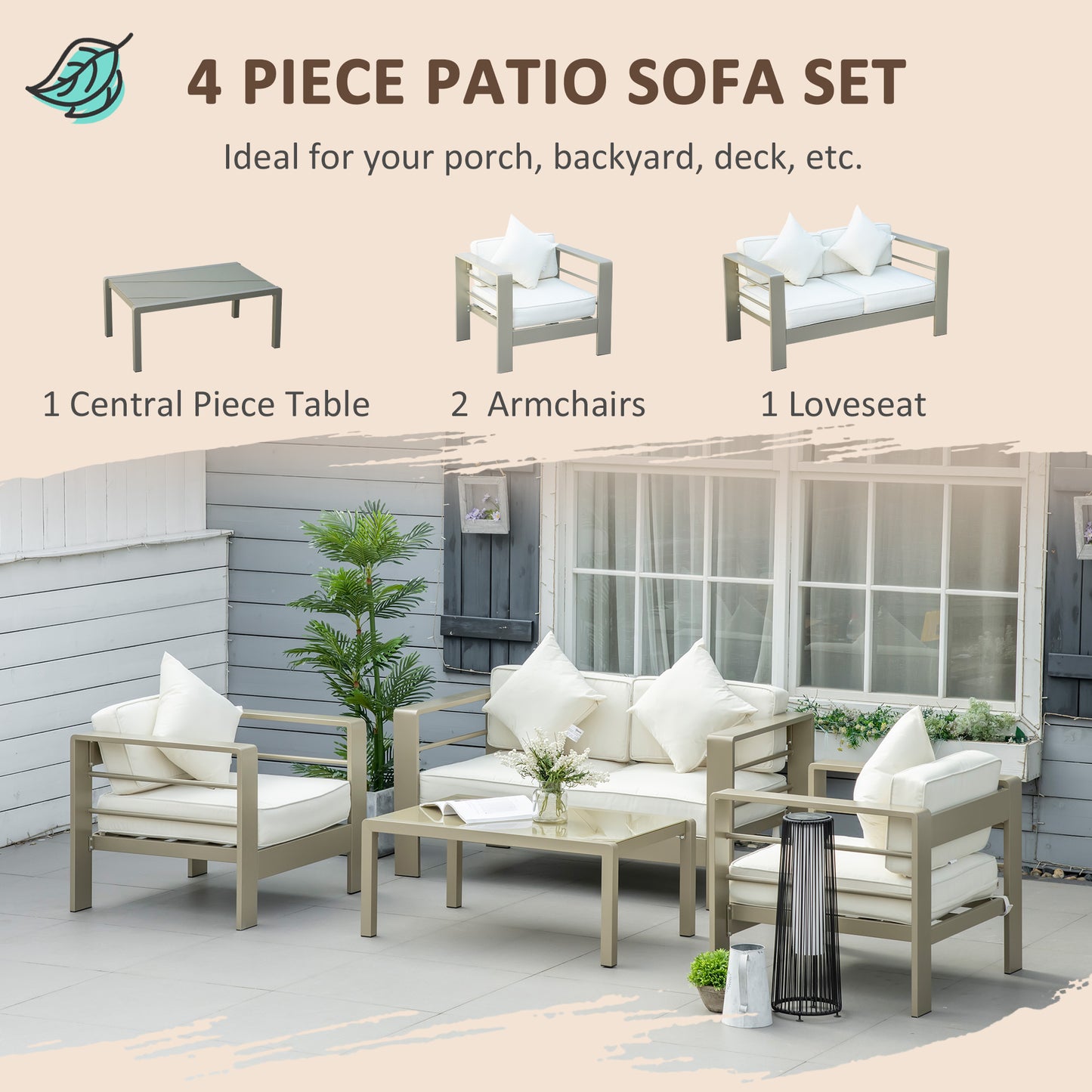 Outsunny Four Piece Outdoor Garden Furniture Set Aluminium Frame Champagne Gold Cushioned Loveseat And Glass Top Table