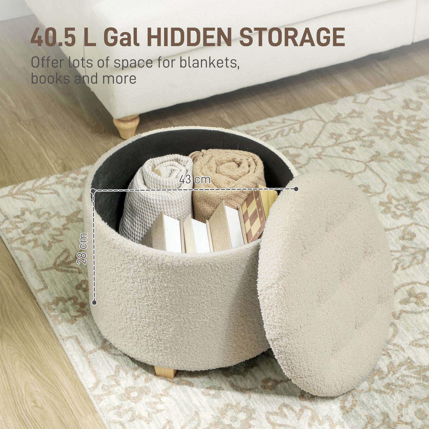 HOMCOM 40.5L Teddy Fleece Storage Ottoman With Button Tufted Lid In Cream White For Small Item Organization