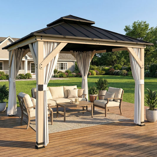 Outsunny 3 x 3 m Outdoor Hardtop Gazebo Canopy With Curtains And 2 Tier Steel Roof Wood Garden Gazebo Light Grey