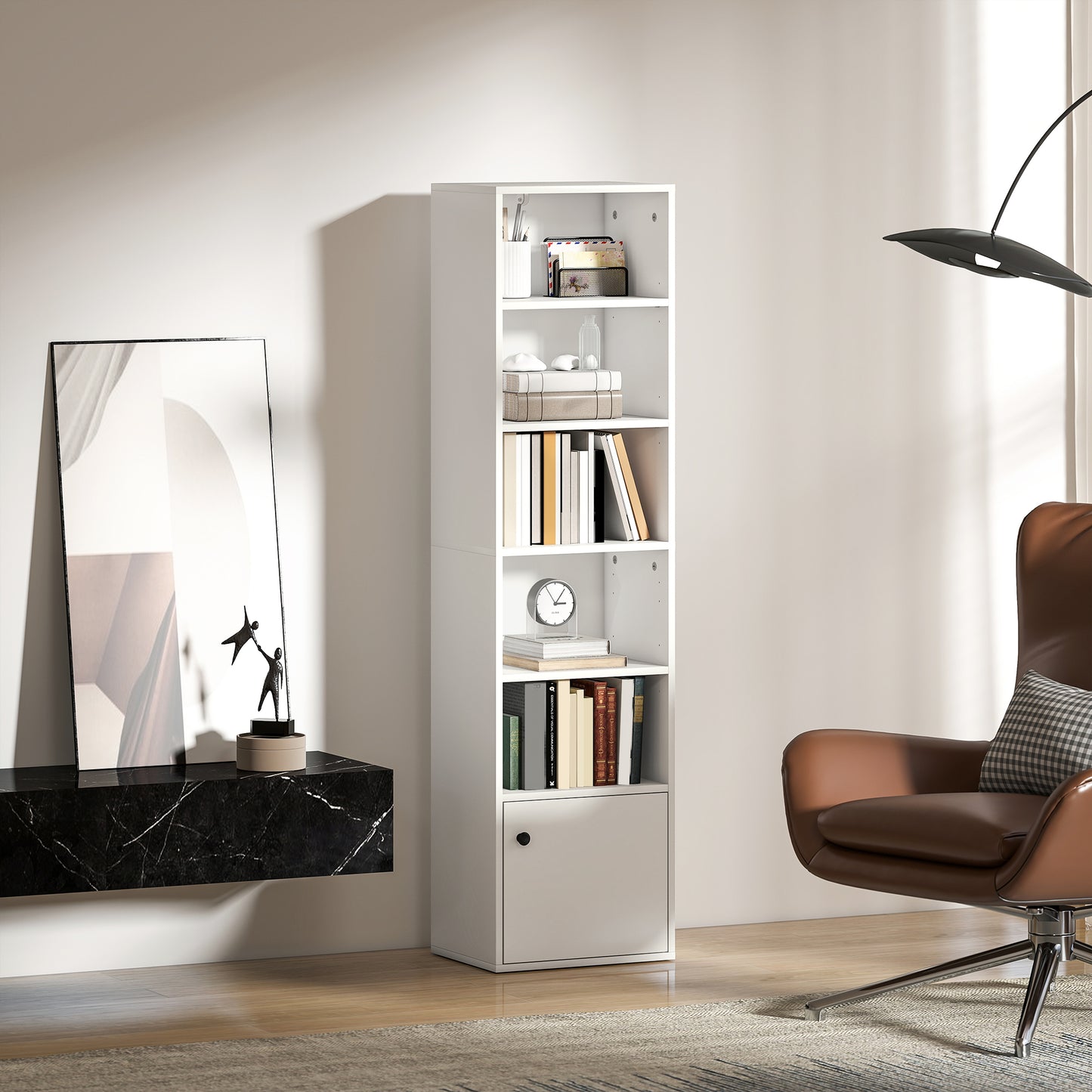 HOMCOM 6 Tier 156 cm Tall White Bookcase with Adjustable Shelves for Small Spaces