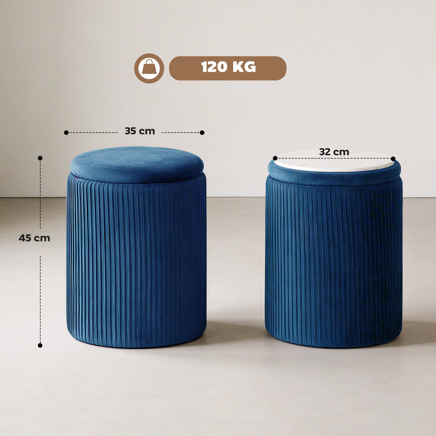 HOMCOM Velvet Round Storage Ottoman Footstool 45 cm Blue With Hidden 39.2 L Storage For Living Room Or Bedroom