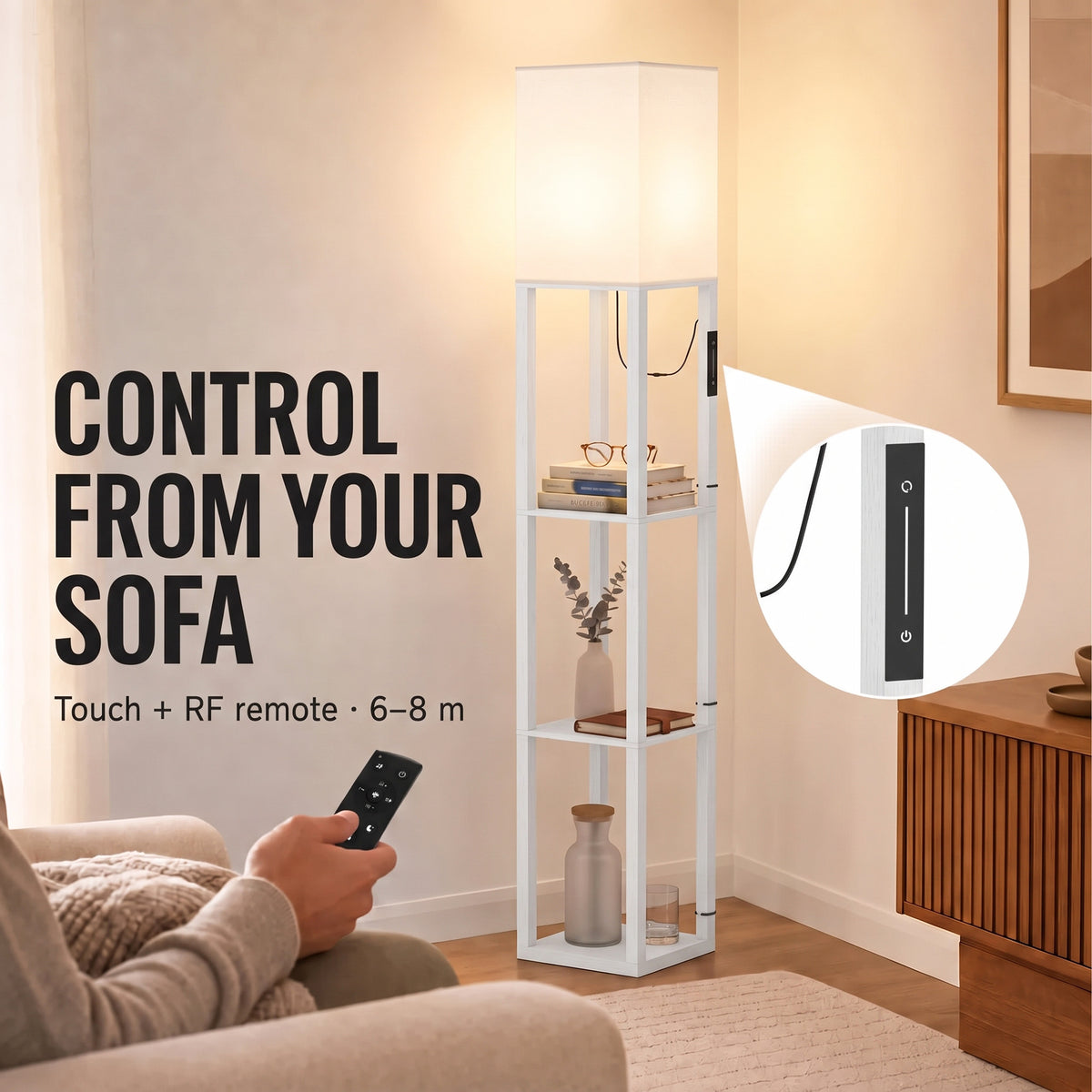 White floor lamp with three shelves in living room, remote control shown