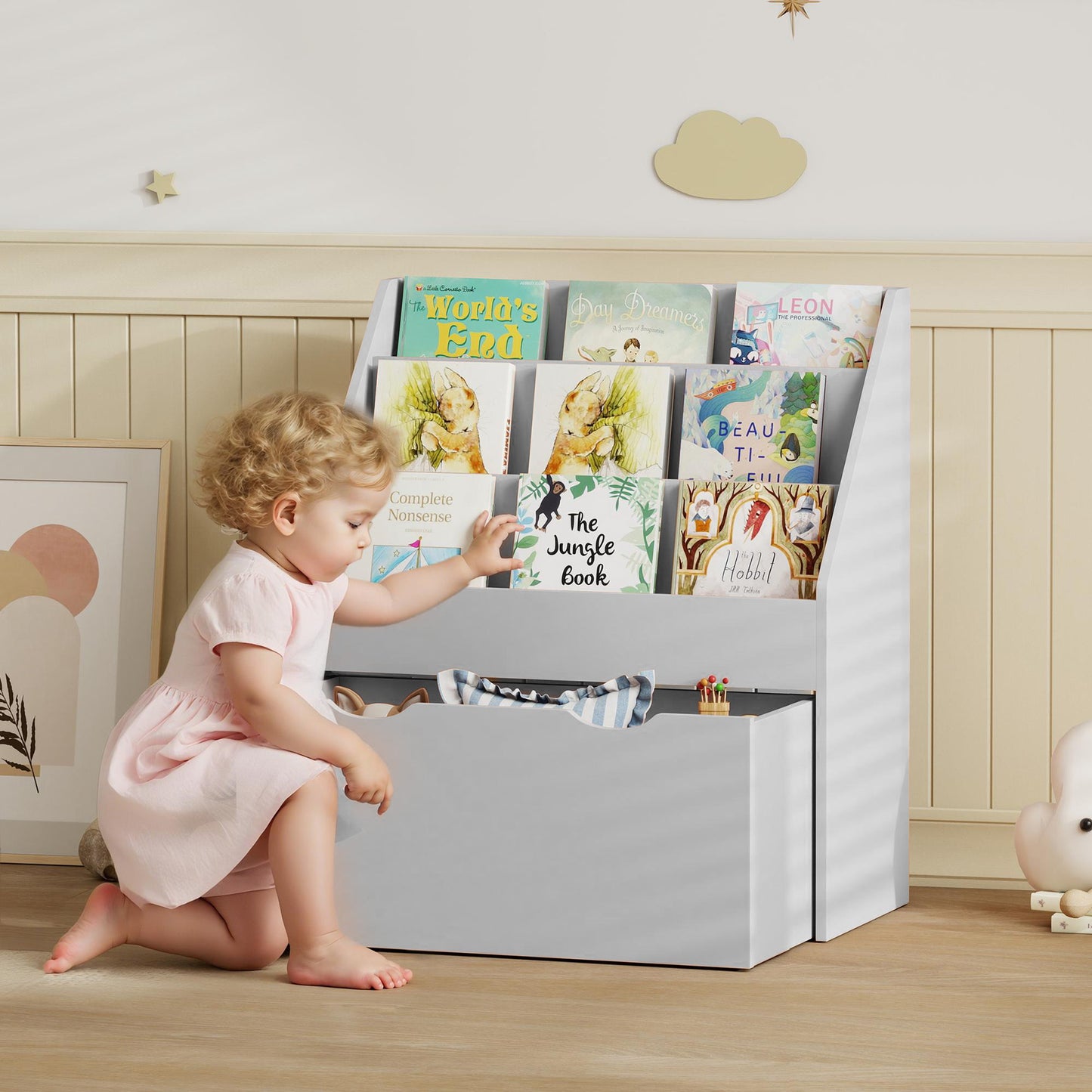 AIYAPLAY Kids Bookcase With Three Shelves And Drawer On Wheels In Grey For Bedroom And Playroom