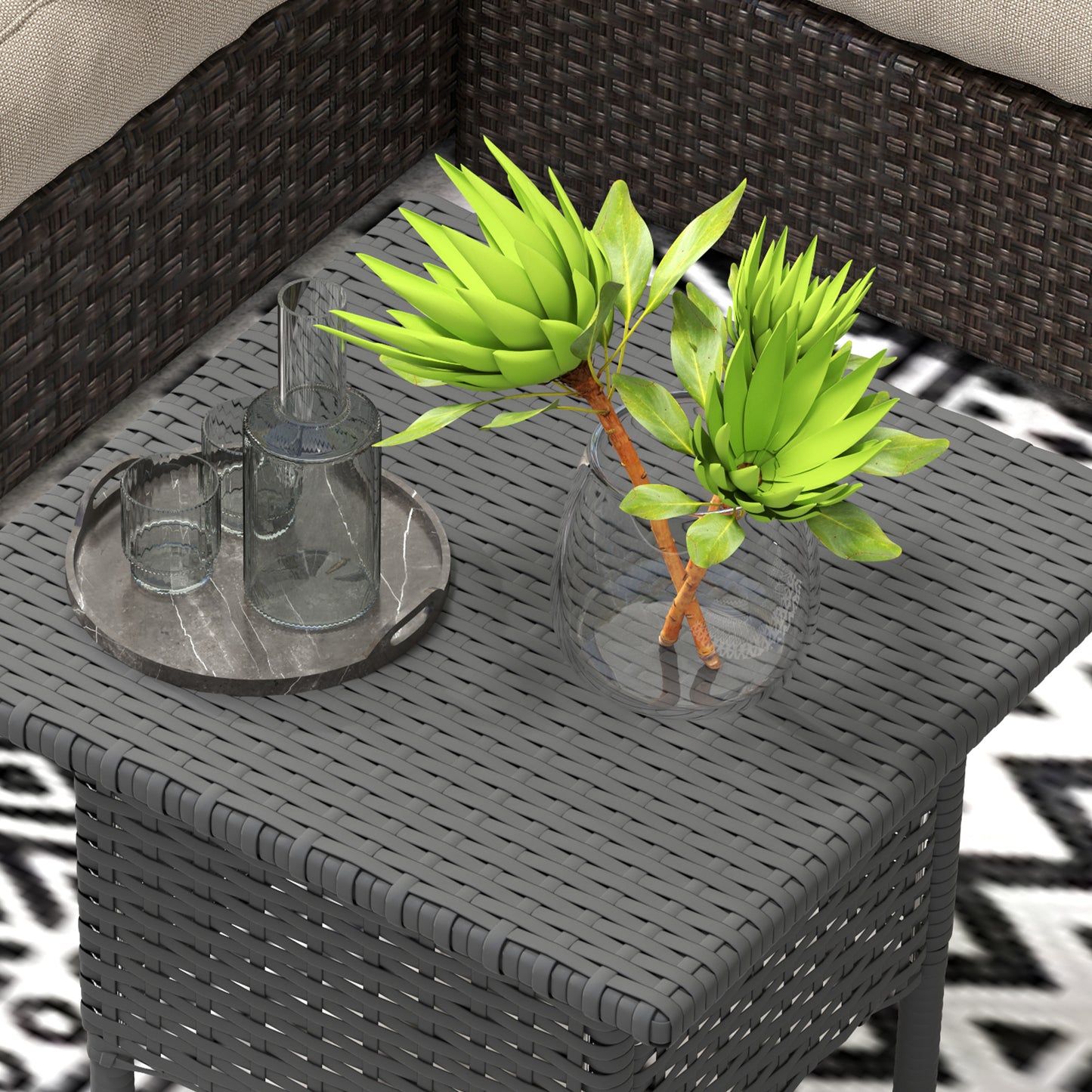 Outsunny Rattan Side Table Outdoor Coffee Table With Full Woven Top And Plastic Board Underneath For Patio Garden Grey