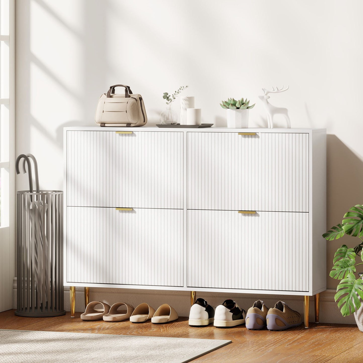 HOMCOM Elegant Four Drawer Shoe Cabinet In White With Ridged Front Doors Gold Accents And Adjustable Shelves