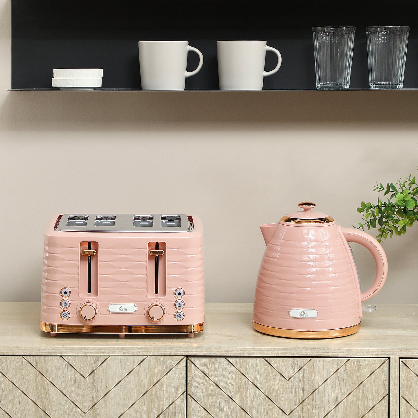 HOMCOM 3000W 1.7L Kettle And 4 Slice Toaster Set With 7 Browning Controls And Crumb Tray Light Pink